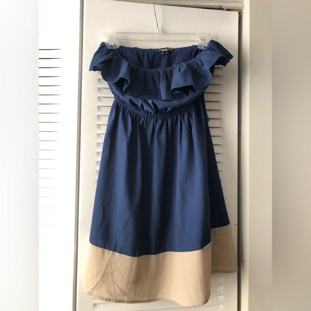 Sequin Hearts off-the-shoulder baby doll mini dress, Size S, Dk Blue & tan